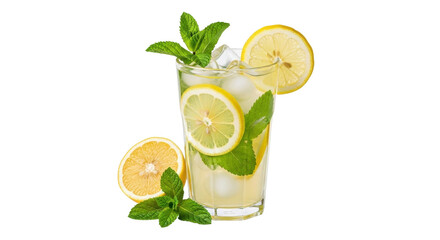 Isolated refreshing lemon mint drink with ice cubes, garnished with fresh mint leaves
