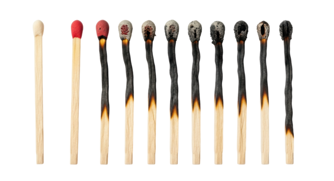 Isolated set of matches in different stages of burning showing decay and destruction