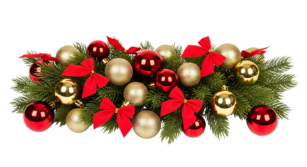 Festive christmas centerpiece isolated on transparent background featuring red and gold ornaments, red bows, and poinsettias nestled among lush green pine branches, creating a joyful and elegant holid
