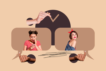 Collage of two people in digital communication inside chat bubbles representing business conversation and messaging