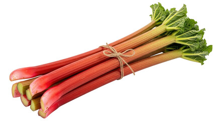 Isolated Bundle of fresh rhubarb stalks, healthy organic vegetable, with green leaves
