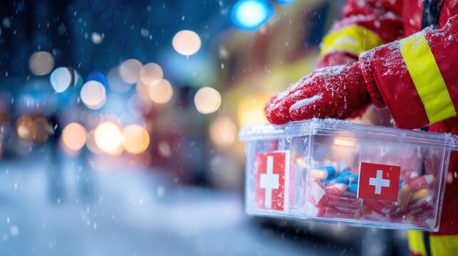 First responder holding a medical kit in snowy city at night