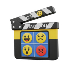 A 3D rendering of a clapperboard displaying different emotional expressions through emojis.