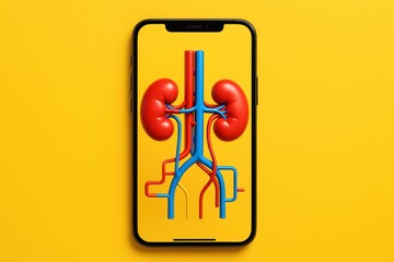 Kidney Illustration on Smartphone: A detailed illustration of the human kidneys and their intricate blood vessels takes center stage on a modern smartphone display.