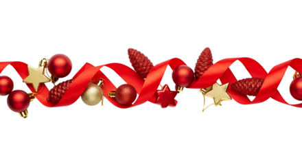 Festive christmas border isolated on transparent background featuring red ornaments, pine cones, and gold stars intertwined with a vibrant red ribbon, creating a joyful and decorative accent for holid
