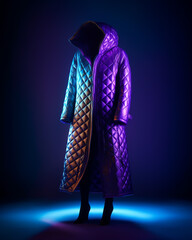 A futuristic iridescent quilted puffer coat stands in a dimly lit space, illuminated by vibrant blue and purple neon lights, creating an enigmatic aura