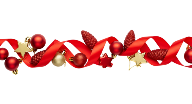 Festive christmas border isolated on transparent background featuring red ornaments, pine cones, and gold stars intertwined with a vibrant red ribbon, creating a joyful and decorative accent for holid