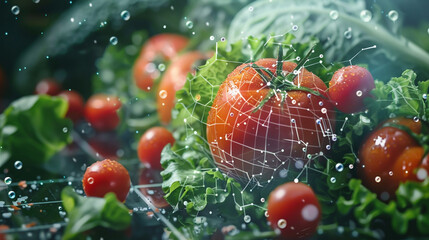 Fresh tomatoes and lettuce are adorned with water droplets, creating a refreshing and vibrant scene, showcasing the beauty of natures bounty