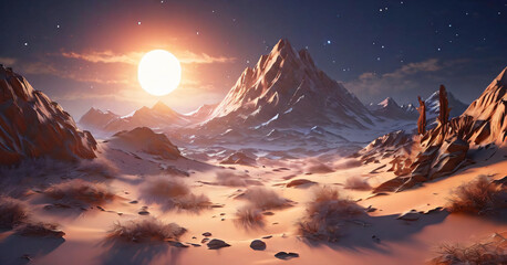 There is a computer generated image of mountain landscape with sun figure gesture scene layers colorful motion design composition depth cartoonish movement emotion expression creative