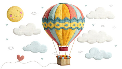 Naklejka premium Whimsical knitted hot air balloon soars cut out on PNG. AI GENERATED.