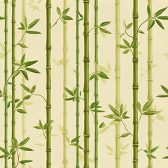 Naklejka premium Seamless pattern of green bamboo stalks and leaves on a pale yellow background, oriental nature wallpaper design.