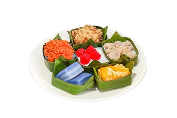 Foi Thong Dessert and Thai dessert put on banana leaf with isolated picture.
