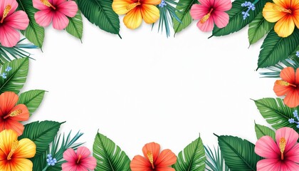 Vibrant tropical floral border with pink, orange, yellow hibiscus flowers, green leaves on white background. Colorful summer themed design for invitations, events, decorative purposes. Exotic