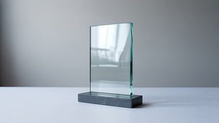 A clear glass award trophy stands on a dark base simple elegance