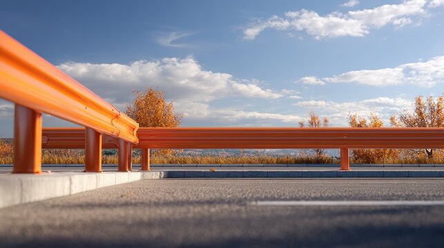 Vibrant Orange Guardrail Curves Along a Sunlit Highway Under a Dynamic Sky.