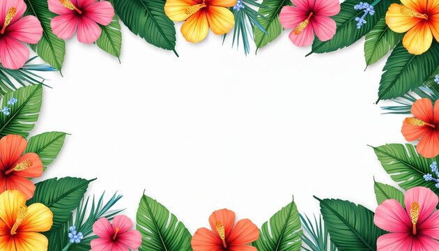 Vibrant tropical floral border with pink, orange, yellow hibiscus flowers, green leaves on white background. Colorful summer themed design for invitations, events, decorative purposes. Exotic