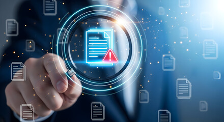 Digital document security alert on a virtual interface, highlighting data integrity and compliance risks in modern information management systems
