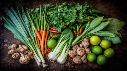 spice. Assorted fresh Asian ingredients on rustic stone, vibrant colors and natural styling in overhead view. menu design.