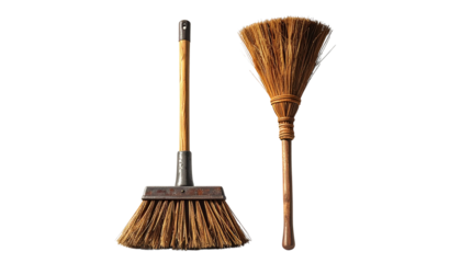  - Double Rustic Wooden Broom Set with Thick and Thin Variations isolated on transparent background.j