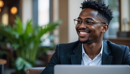 Smiling young black businessman in cafe with laptop, professional portrait
