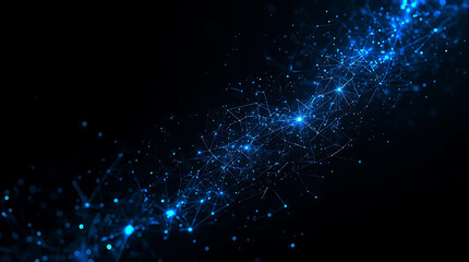 Fototapeta premium Abstract digital network with glowing blue nodes and connected lines against black backdrop