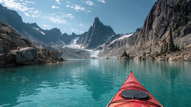 Kayaking on Turquoise Lake, Majestic Mountain Peaks, Glacier, and Dramatic Sky. - Powered by Adobe