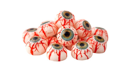 Pile of Halloween eyeball candies, spooky treat or decoration on black background, Horror themed confectionery, scary eyeballs with red veins on black backdrop