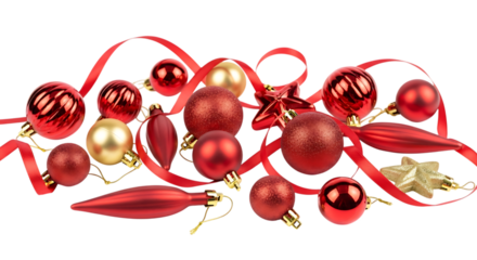 Festive christmas ornaments and ribbon isolated on transparent background, creating a cheerful and decorative arrangement for holiday celebrations and seasonal designs, adding a touch of elegance and 