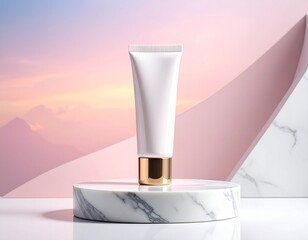 Elegant skincare cream tube on marble pedestal with dreamy pastel backdrop for modern beauty brands and cosmetic marketing campaigns that inspire self care