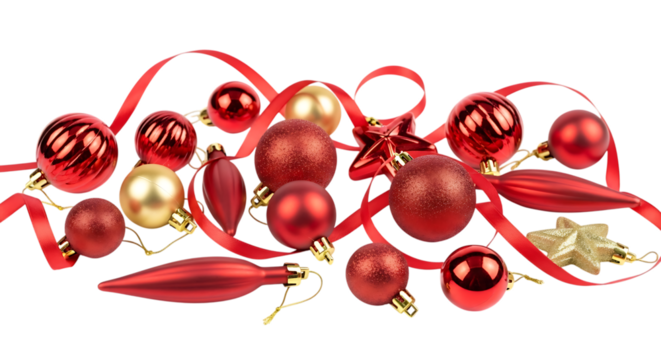 Festive christmas ornaments and ribbon isolated on transparent background, creating a cheerful and decorative arrangement for holiday celebrations and seasonal designs, adding a touch of elegance and 