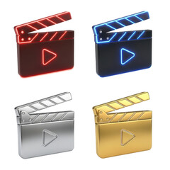 Four differently colored clapperboards, red, blue, silver, and gold, with play symbols on a white background.