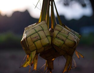 Close-up of traditional woven ketupat hanging with warm lighting, symbol of Eid al-Fitr celebration.