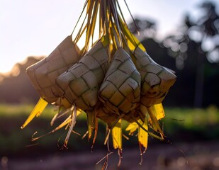 Close-up of traditional woven ketupat hanging with warm lighting, symbol of Eid al-Fitr celebration.