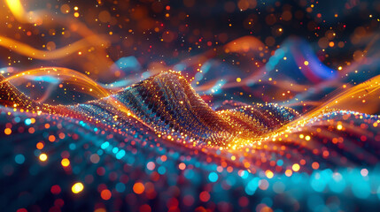 Abstract digital art featuring glowing particles and waves, creating a dynamic and futuristic landscape with vibrant colors and intricate details