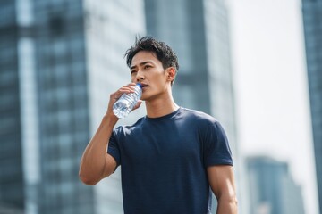 A young Asian man in sportswear refreshes himself with water outdoors, surrounded by modern buildings. His focused glance and relaxed posture convey a healthy urban lifestyle.