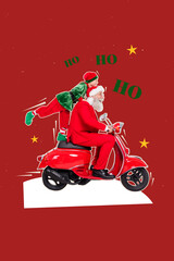 Vertical art pop image collage of two happy old man santa claus young girl elf winter present delivery moped xmas occasion event
