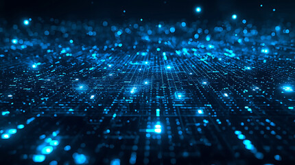 Abstract futuristic digital circuit board with blue glowing lights creating a network pattern for technological innovation