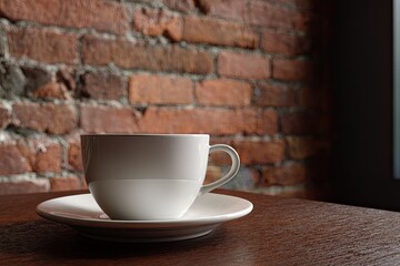 Obraz premium Coffee cup on a saucer, against a brick wall, on a dark wood table