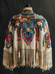 Exquisite vintage shawl featuring intricate floral embroidery and fringe detailing, showcasing timeless elegance and craftsmanship isolated on white background