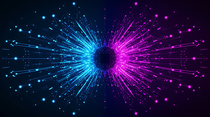 Abstract glowing particle explosion in blue and magenta creating a futuristic and modern technology background