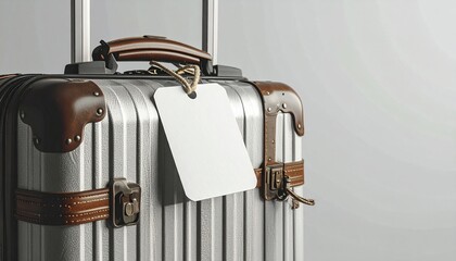 Stylish silver suitcase with vintage leather accents and blank luggage tag awaits exciting travel adventures, perfect for vacation planning and wanderlust inspiration