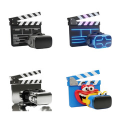Four variations of a clapperboard paired with a VR headset, presented in different styles and colors.