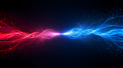Obraz premium Abstract Red and Blue Energy Stream with Glittering Particles on Dark Background Visual Effect
