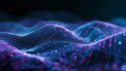 Glowing digital particle wave in purple and blue tones on dark background, symbolizing futuristic AI, cyber technology, data systems, machine learning, and network design.