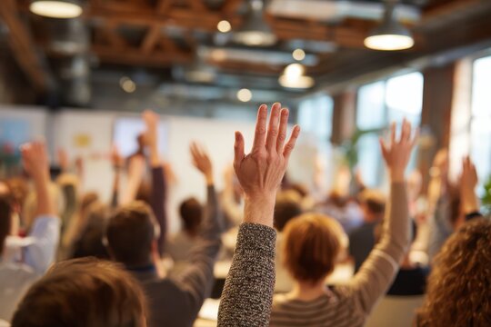 A diverse group of professionals eagerly engages in a business workshop, raising their hands to ask questions and share ideas in an inviting office environment.