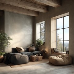 Fototapeta premium Warm rustic living room with wooden beams and cozy reading nook