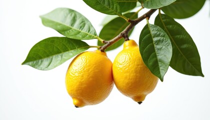 Two fresh lemons hang from branch with foliage. Bright yellow citrus fruits vibrant. Green leaves complement lemons. Represents freshness, health, summer flavors. Food bloggers diet product ads could