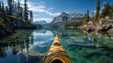 Kayaks Perspective - Serene Lake Journey Amidst Majestic Mountains and Lush Forests.