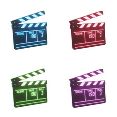 Four clapperboards in blue, red, green, and purple colors, arranged in a square pattern.