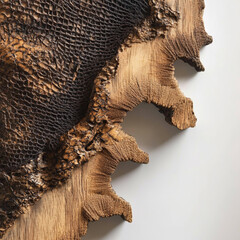 Closeup of a textured wooden sculpture with intricate patterns and a partially charred surface, isolated on white background, showcasing natural artistry